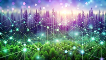 Wall Mural - Digital Forest Network - Abstract Green Nature with Glowing Lines and Bokeh Background