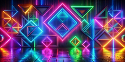 Wall Mural - Neon Geometric Abstract Background - Colorful Glowing Shapes in a Futuristic Room - 3D Rendering