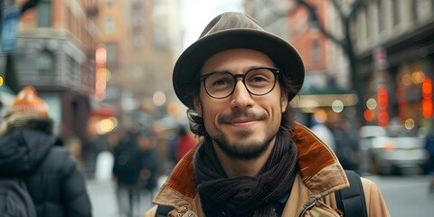 Wall Mural - A young man wearing glasses and a hat walking on a bustling city street. Concept City Life, Urban Fashion, Daily Commute, Stylish Eyewear, Active Lifestyle