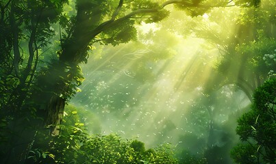 Wall Mural - A magical forest scene with ethereal sunlight filtering through lush green trees and mist