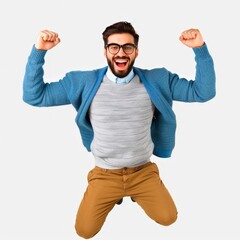 Exuberant Young Man Jumping in Excitement Wearing Casual Outfit on White Background