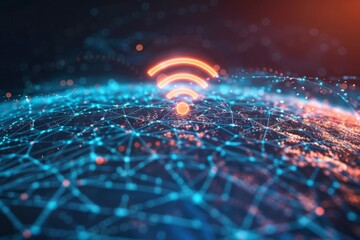 Poster - A vibrant digital network displaying glowing WiFi symbol and complex connections in futuristic design.