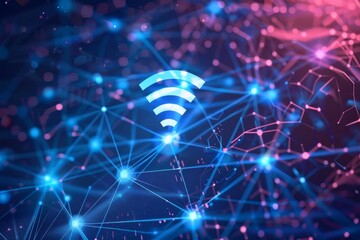 Poster - Visual representation of WiFi connectivity, featuring network nodes and neon blue light effects in an abstract way