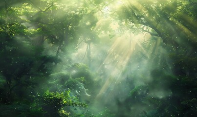 Wall Mural - A magical forest scene with ethereal sunlight filtering through lush green trees and mist