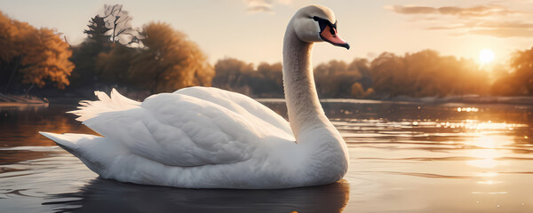 Swan at the lake with sunset in background. Extremely detailed high resolution illustration