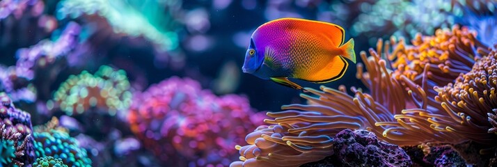 Wall Mural - A captivating image showcasing a colorful tropical fish swimming gracefully amidst vibrant coral reefs in a saltwater aquarium