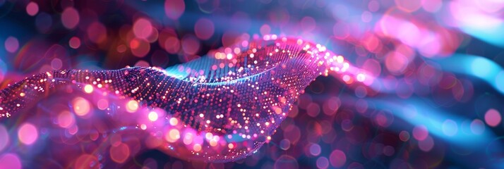 Poster - a close-up photo of pink and blue neon waves intersecting, creating a striking visual with bokeh lig