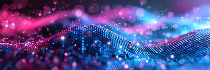Fototapete - A close-up image of vibrant, glowing pink and blue neon waves, intricately woven with bokeh lights, creating a visually striking abstract composition