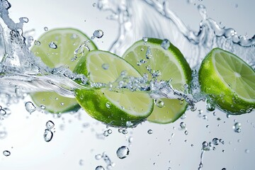 fresh sliced limes in flight in splash of water on white background, food levitation