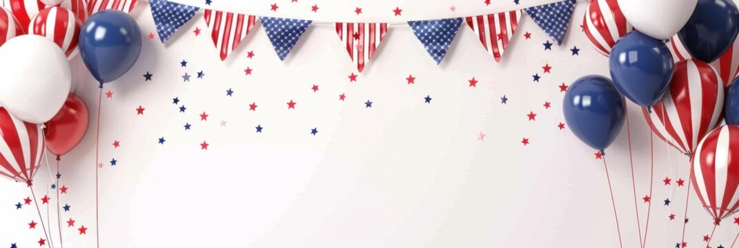 USA national flag banner with bunting and balloons for a 4th of July celebration on a white background Generative AI