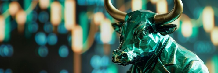 Aufkleber - A close-up photograph of a green bull figurine, likely a symbol of financial success and a bullish market, set against a background of rising candlestick charts symbolizing trading activity