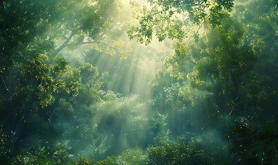 Poster - A magical forest scene with ethereal sunlight filtering through lush green trees and mist