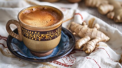  A steaming cup of rich, dark coffee with a cinnamon stick elegantly resting on the saucer. 