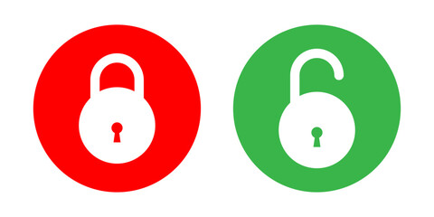 Fototapete - Lock and unlock icon set in red and green circle for user interface design elements. Lock icon collection. Locked and unlocked icon set. Flat security symbol. Vector Icon.