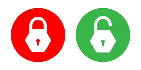 Fototapete - Lock and unlock icon set in red and green circle in hexagon style for user interface design elements. Lock icon collection. Locked and unlocked icon set. Flat security symbol. Vector Icon.