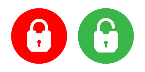 Fototapete - Lock and unlock icon set in red and green circle in strong lock style for user interface design elements. Lock icon collection. Locked and unlocked icon set. Flat security symbol. Vector Icon.