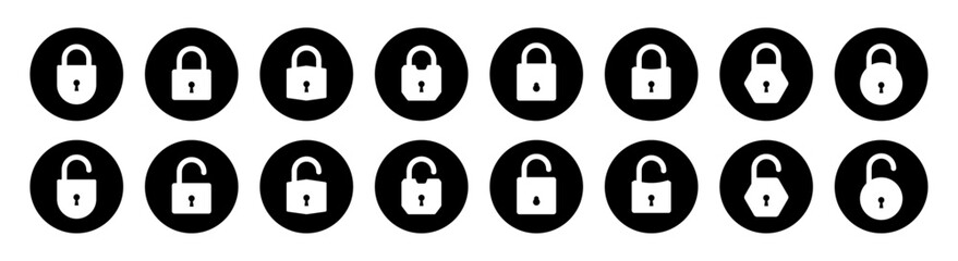 Fototapete - Huge set of lock and unlock icons in black and white color in circle for user interface. Security lock and unlock icons collection. Lock, unlock vector icons.