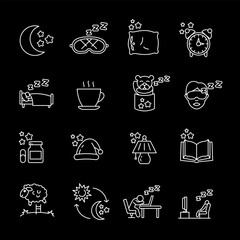 Wall Mural - sleep, white line icons. symbols representing sleep and related attributes. ideal for health and wel