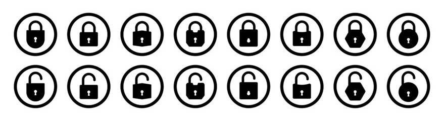 Fototapete - Lock and unlock icons huge set in black and white color stroke style in circle for user interface design. Security lock and unlock icons collection. Lock, unlock vector icons.