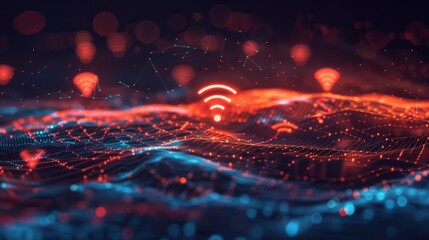 Poster - A futuristic visualization of a WiFi network with digital waves and interconnected lines in shades of blues and reds