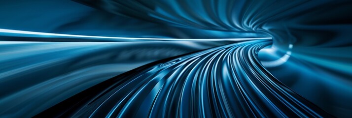 Poster - A close-up photo of an abstract light ray pattern with intricate details. Smooth, blue light rays move in a curved tunnel, emphasizing their dynamic motion