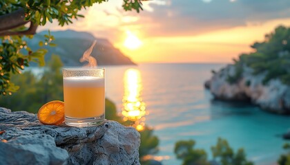 A glass of berry cocktail stands on a stone, a view of the sunny sea and mountains, a summer cafe, a seascape