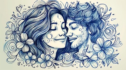 The image shows a black and white drawing of two people, with their faces close together. The drawing is surrounded by a floral pattern.