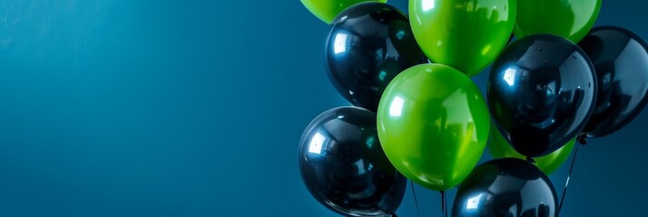 Wall Mural - A close-up image of vibrant green and black balloons against a deep blue background. The balloons are glossy and reflect light, creating a dynamic and celebratory atmosphere