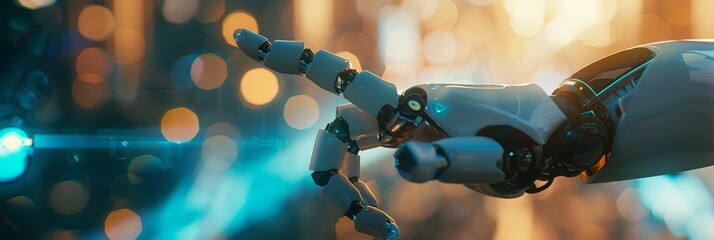 Poster - Close-up shot of a humanoid chatbots hand, highlighting its advanced technology and interaction with a user, set against a blurred background of a futuristic city