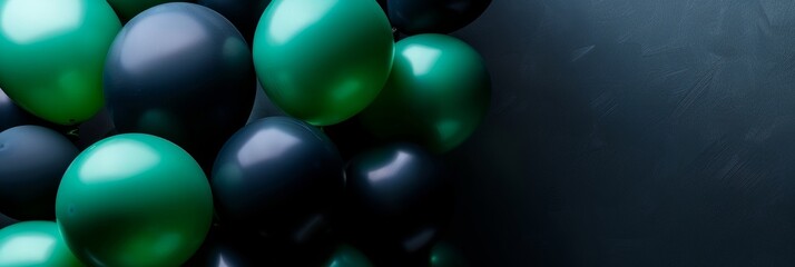 Wall Mural - A minimalist composition featuring elegant green and black balloons arranged gracefully on a deep charcoal backdrop