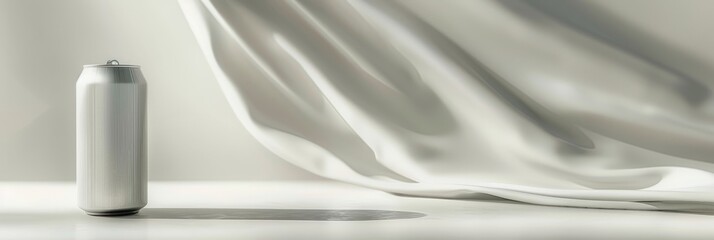 Poster - An angled photo showcasing a white soda can mockup against a minimalist abstract background. The composition highlights the cans design and features a flowing white fabric