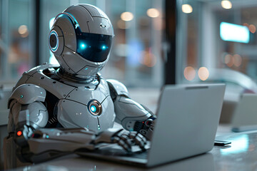 a robot sitting at a laptop
