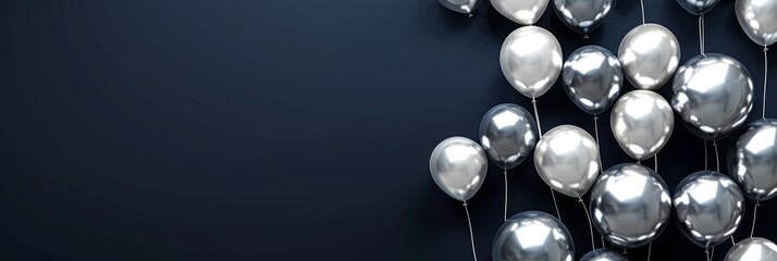 Poster - Stylish silver and white balloons against a navy backdrop create a festive look in a cluster arrangement. Elegant and eye-catching