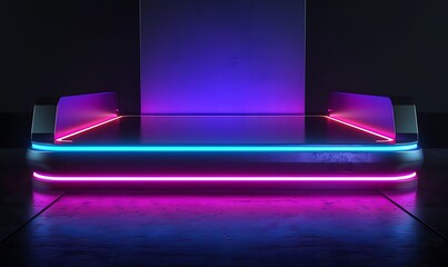 Wall Mural - A sleek, futuristic podium bathed in neon lights against a dark background, emphasizing space-age technology