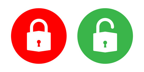 Fototapete - Lock and unlock icon set in red and green circle in modern style for user interface design elements. Lock icon collection. Locked and unlocked icon set. Flat security symbol. Vector Icon.