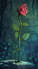 Wall Mural - A red rose sitting on top of a stone wall