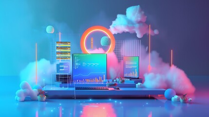 Poster - Futuristic Data Center. Cloud Computing and Data Analysis Visualization