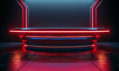 Wall Mural - A sleek, futuristic podium bathed in neon lights against a dark background, emphasizing space-age technology