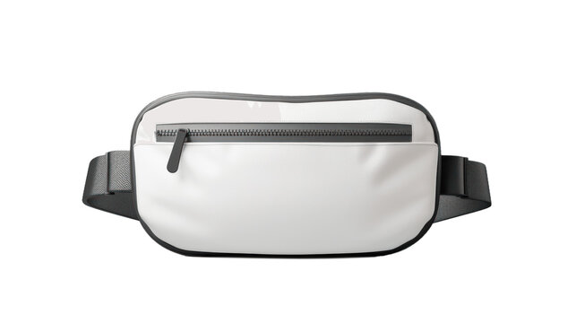 A 3D rendering of blank black and white waist bags mockup is shown standing from a front view This template features clear adjustable accessory purses for carrying phones