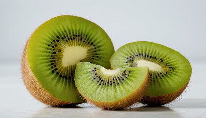 Wall Mural - Close-up shot of three kiwi fruit slices on a white background