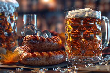 Wall Mural - Generative ai on theme of foamy German beer in large glass mug for celebration holiday Oktoberfest