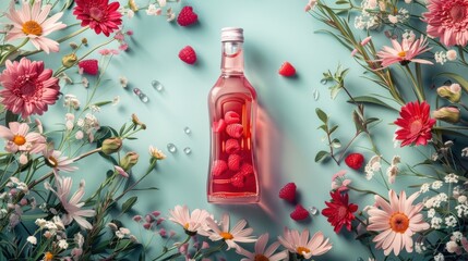 Canvas Print - A bottle of raspberry syrup surrounded by flowers