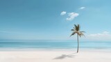 Fototapeta Morze - Solitary palm tree on a tropical beach, expansive blue sky with cotton-like clouds, peaceful ocean waves, great for vacation and travel business concepts