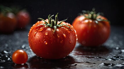 Wall Mural - Close-up image of three red tomatoes, with water droplets, on a dark background