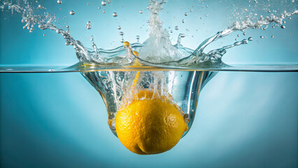 Wall Mural - A lemon is falling into a glass of water, creating a splash with water droplets flying in the air