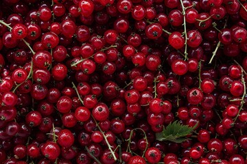 Wall Mural - wet red currants in a heap as a background, flat lay