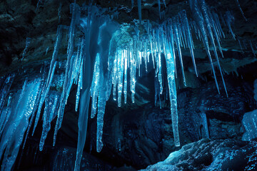 Generative ai on theme of a large beautiful sharp stalactites hanging down from deep mountain cave