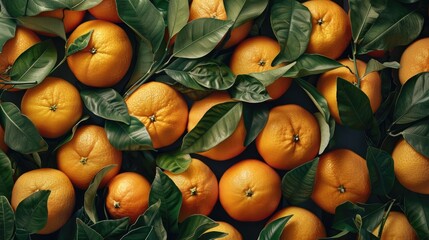 Wall Mural - Background of fresh tangerines or oranges with green leaves. Juicy fruits.