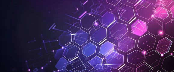 Poster - Abstract purple and blue background with hexagon pattern for technology, science or digital concept vector illustration design. Futuristic geometric polygonal wallpaper with grid connection dots line 