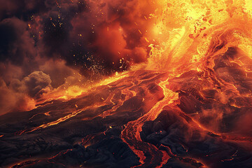 Generative ai on theme of erupting volcano with cascading hot lava surrounded thick white smoke